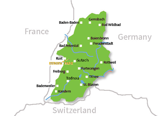 מפה סכמטית של היער השחור השוכן בגבולות גרמניה, צרפת ושוויץ