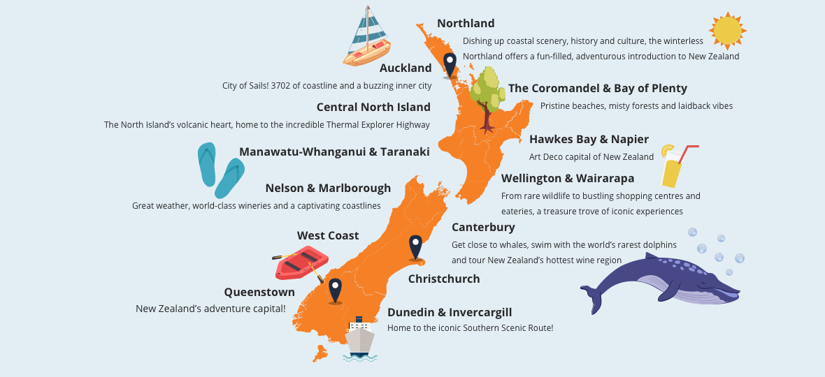 מפת שני האיים בניו זילנד עם נקודות עניין מרכזיות