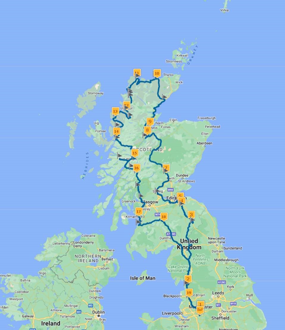 מפת מסלול הטיול בקרוואן בסקוטלנד וצפון אנגליה