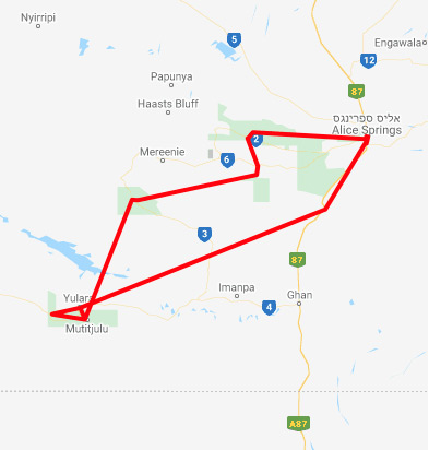 מפת מסלול מאליס ספרינגס לאיירס רוק אוסטרליה