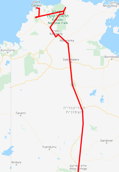 מפת מסלול טיול מאליס ספרינגס לדארווין אוסטרליה