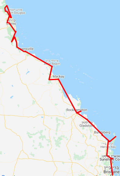 מפת מסלול טיול מבריסביין לקיירנס אוסטרליה