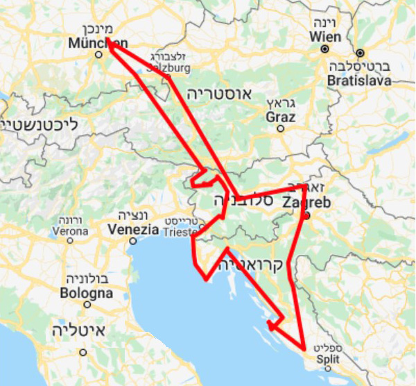 מפת מסלול טיול בקרוואן ממינכן לסלובניה וקרואטיה