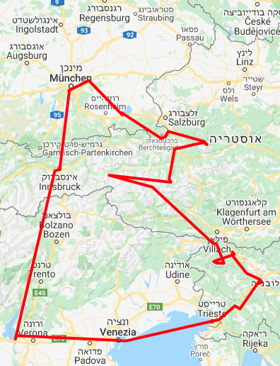מפת מסלול טיול בקרוואן ממינכן לאוסטריה סלובניה וצפון איטליה