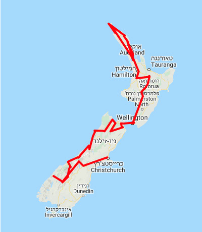 מפת מסלול טיול בשני האיים בניו זילנד