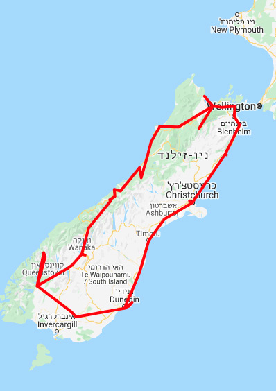 מפת מסלול טיול בקרוואן באי הדרומי של ניו זילנד