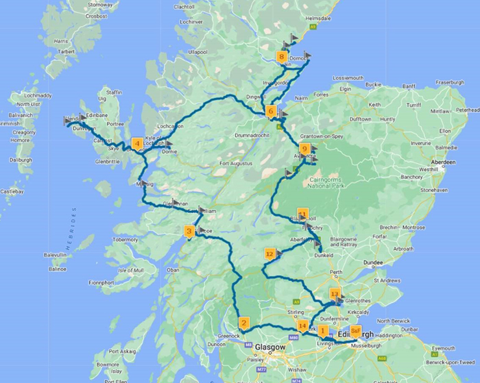מפת מסלול הטיול בסקוטלנד של משפחת אנגל