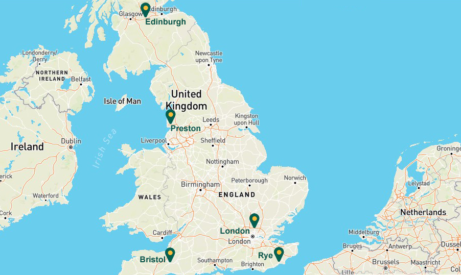 מפת תחנות קרוואנים באנגליה וסקוטלנד