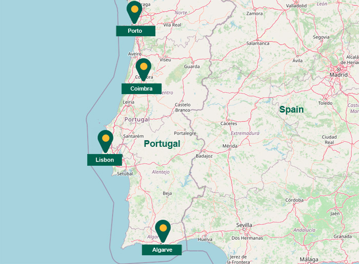 מפת תחנות השכרת קרוואנים בפורטוגל
